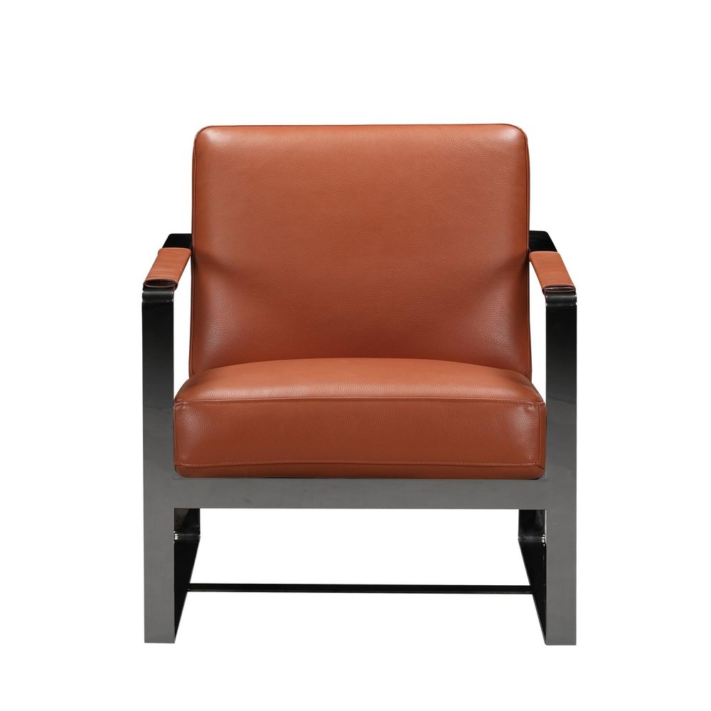 28" Camel and Black Italian Leather and Metal Arm Chair