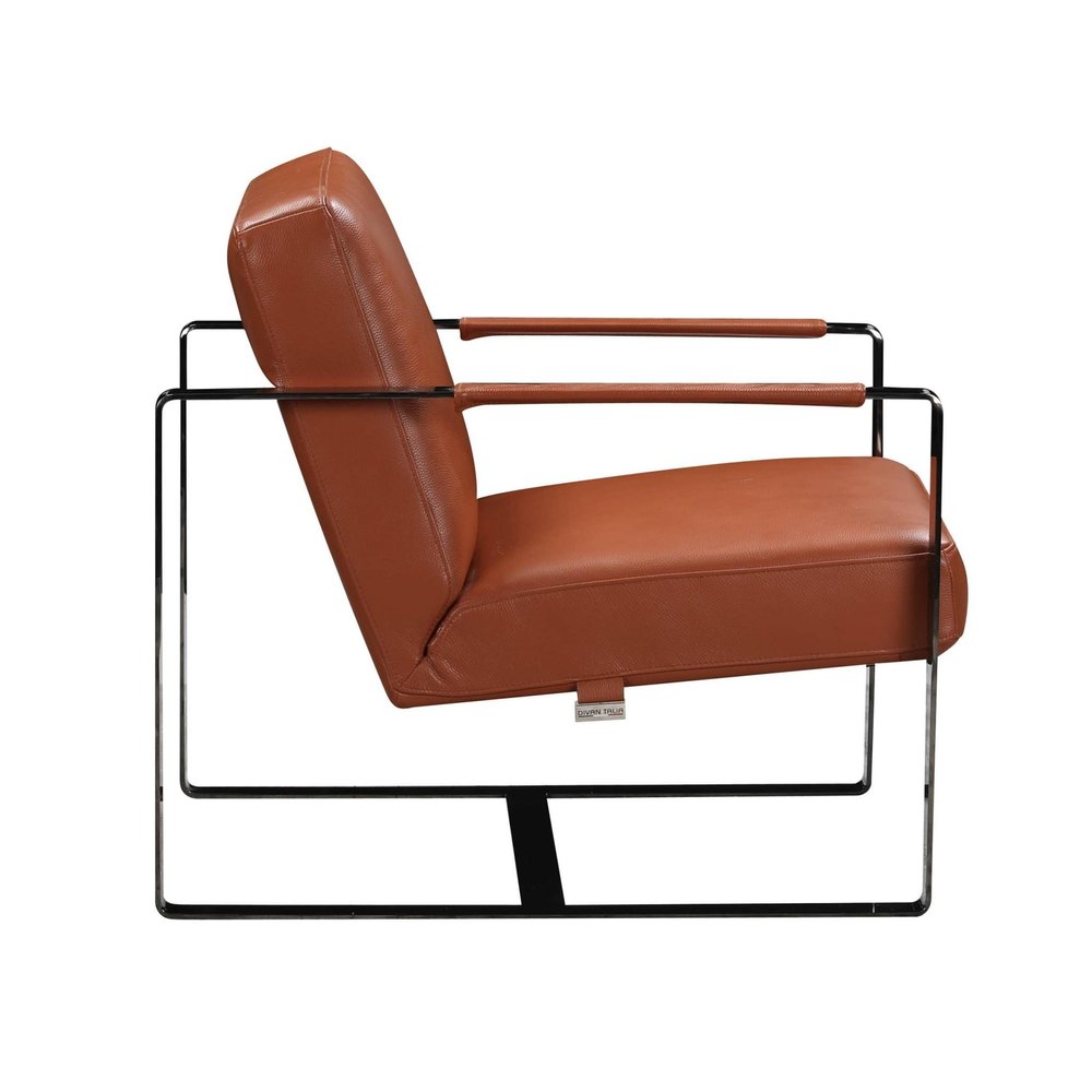 28" Camel and Black Italian Leather and Metal Arm Chair