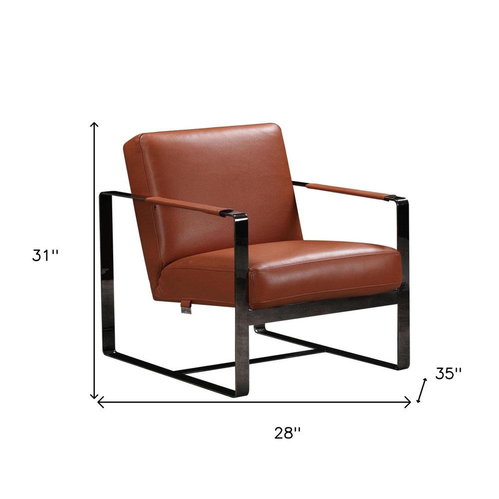 28" Camel and Black Italian Leather and Metal Arm Chair