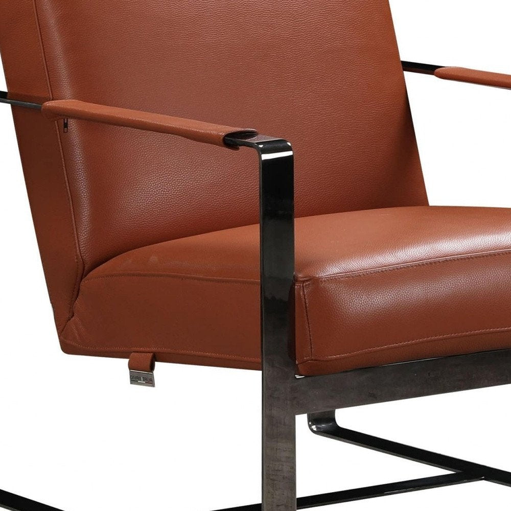 28" Camel and Black Italian Leather and Metal Arm Chair
