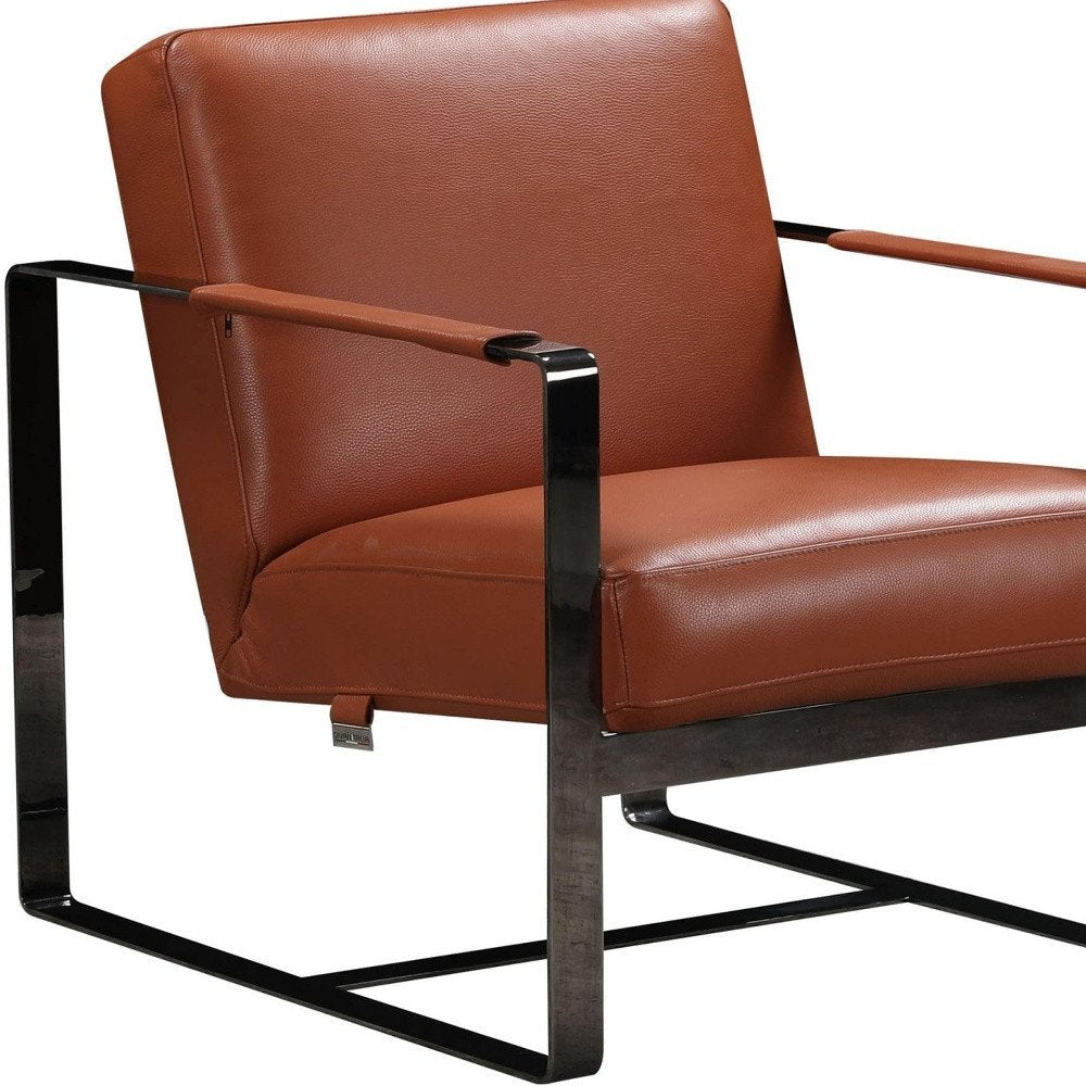 28" Camel and Black Italian Leather and Metal Arm Chair