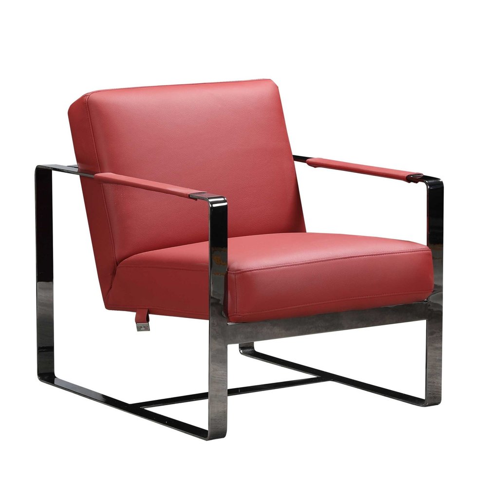 Red leather lounge chair with chrome cantilever frame and padded armrests, modern industrial style.