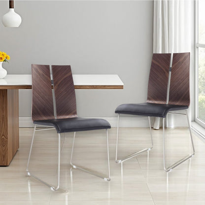 Set of Two Black and Silver Upholstered Faux Leather Dining Side Chairs