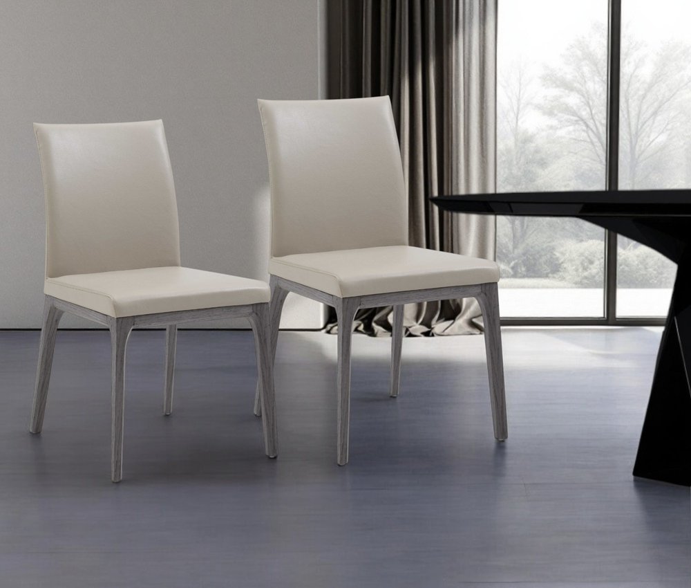 Set of Two Taupe and Gray Upholstered Faux Leather Dining Side Chairs