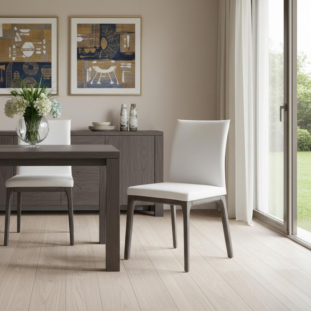 Set of Two White and Gray Upholstered Faux Leather Dining Side Chairs