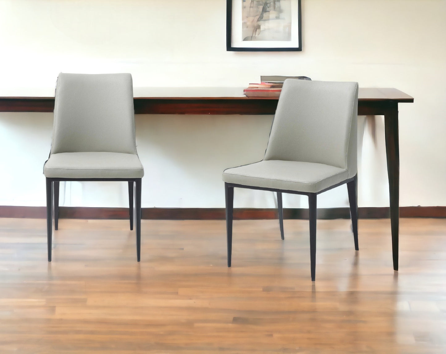 Set Of 2 Light Grey Faux Leather And Metal Dining Chairs