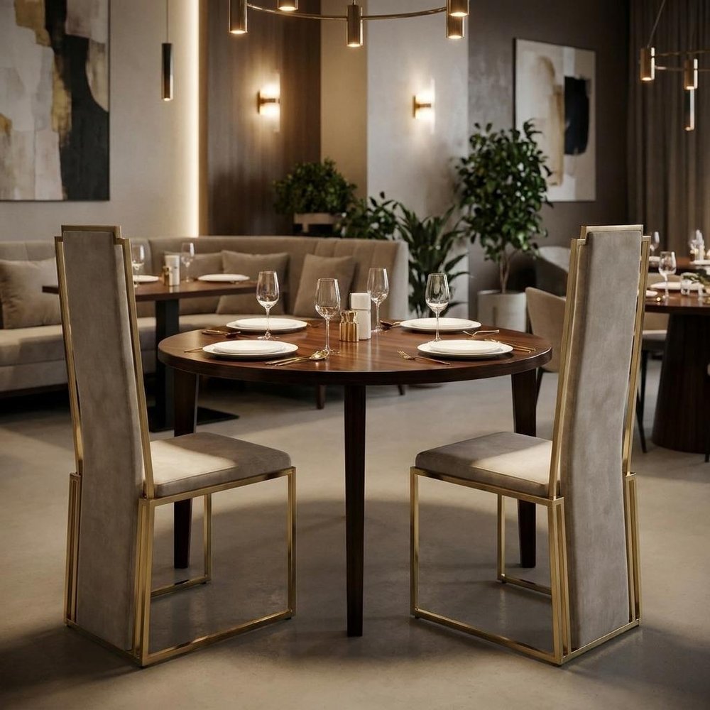 Set of Two Beige and Gold Upholstered Dining Side Chairs