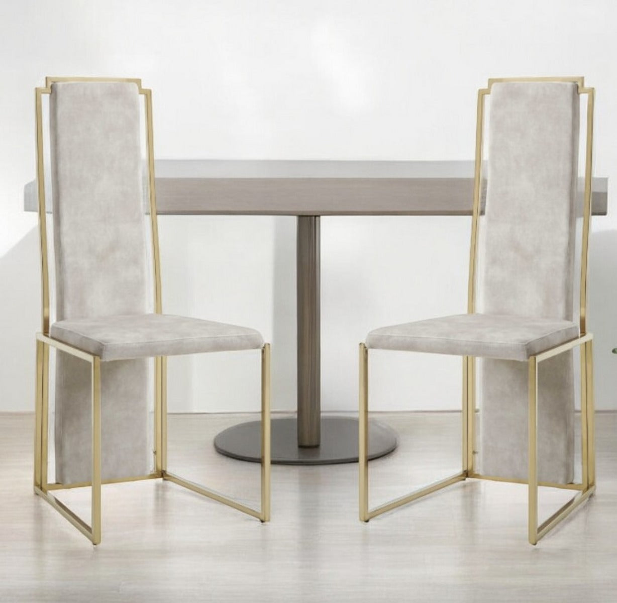 Set Of 2 Ultra Modern Beige Suede And Gold Dining Chairs