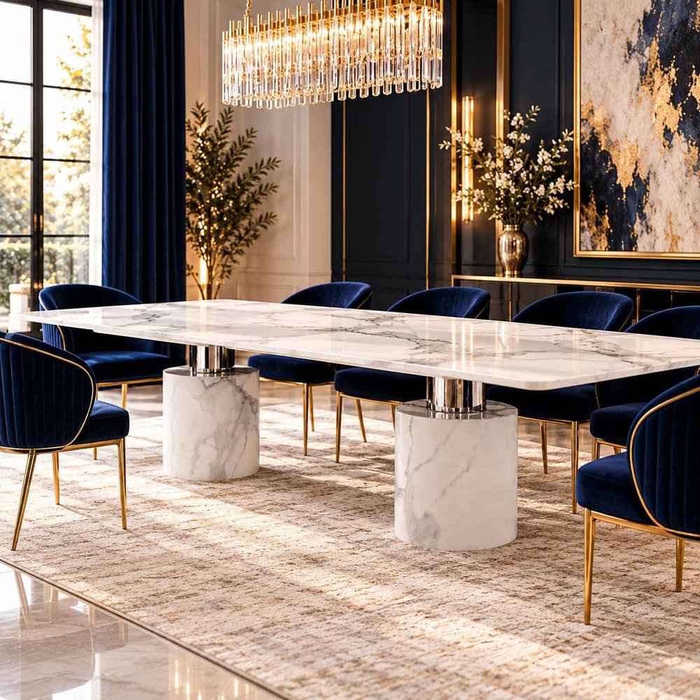 120" White Marble Double Pedestal Base Dining Table