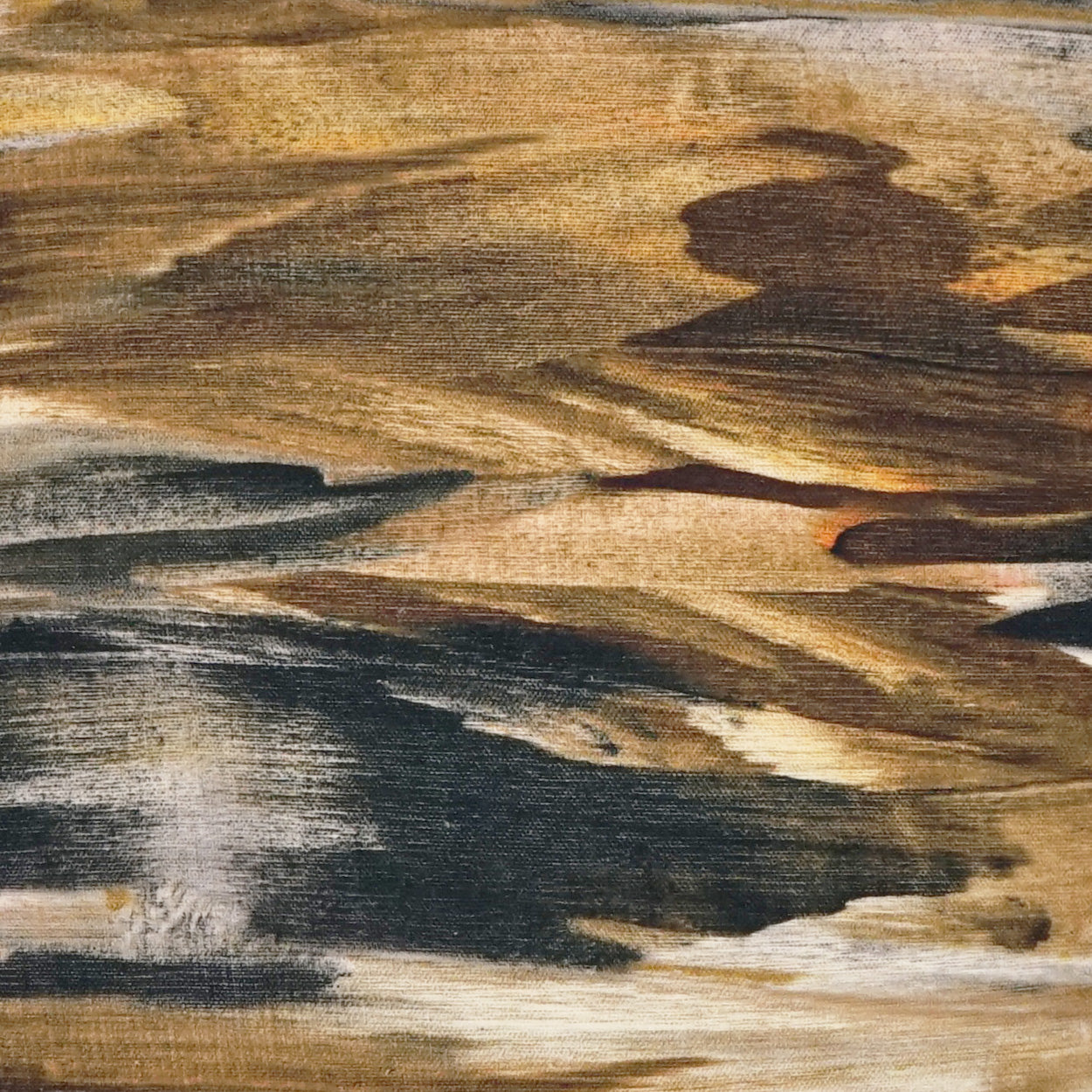 Abstract brushstroke fabric in warm browns, ochre, black and ivory; painterly textile texture.