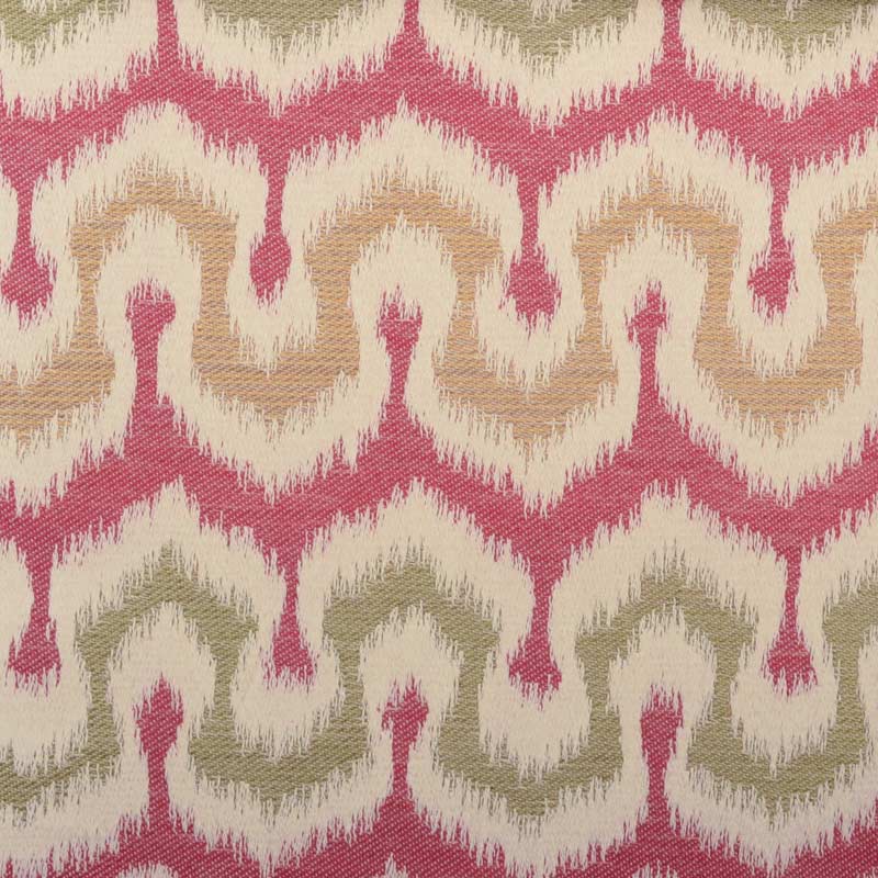 Textured woven fabric swatch with pink, sage green and tan zigzag ikat chevrons on ivory background.
