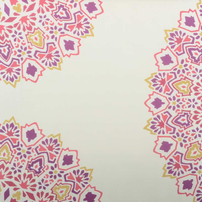 Decorative geometric floral border in pink, magenta, purple & yellow on cream, framing edges with central blank area.