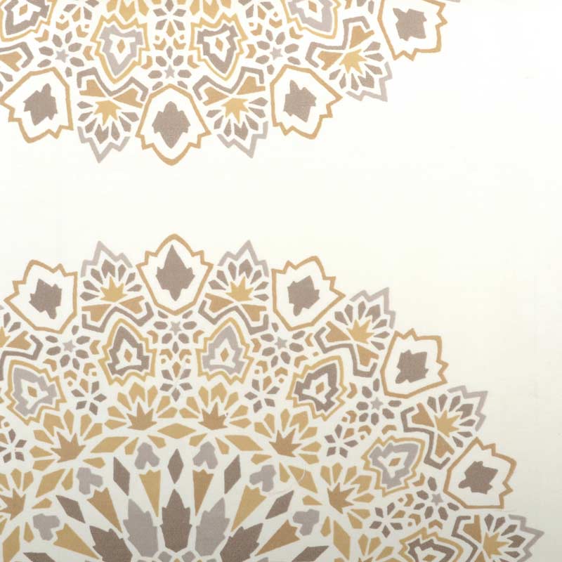 Bronze and gray mandala-style geometric pattern on pale beige drapery fabric.