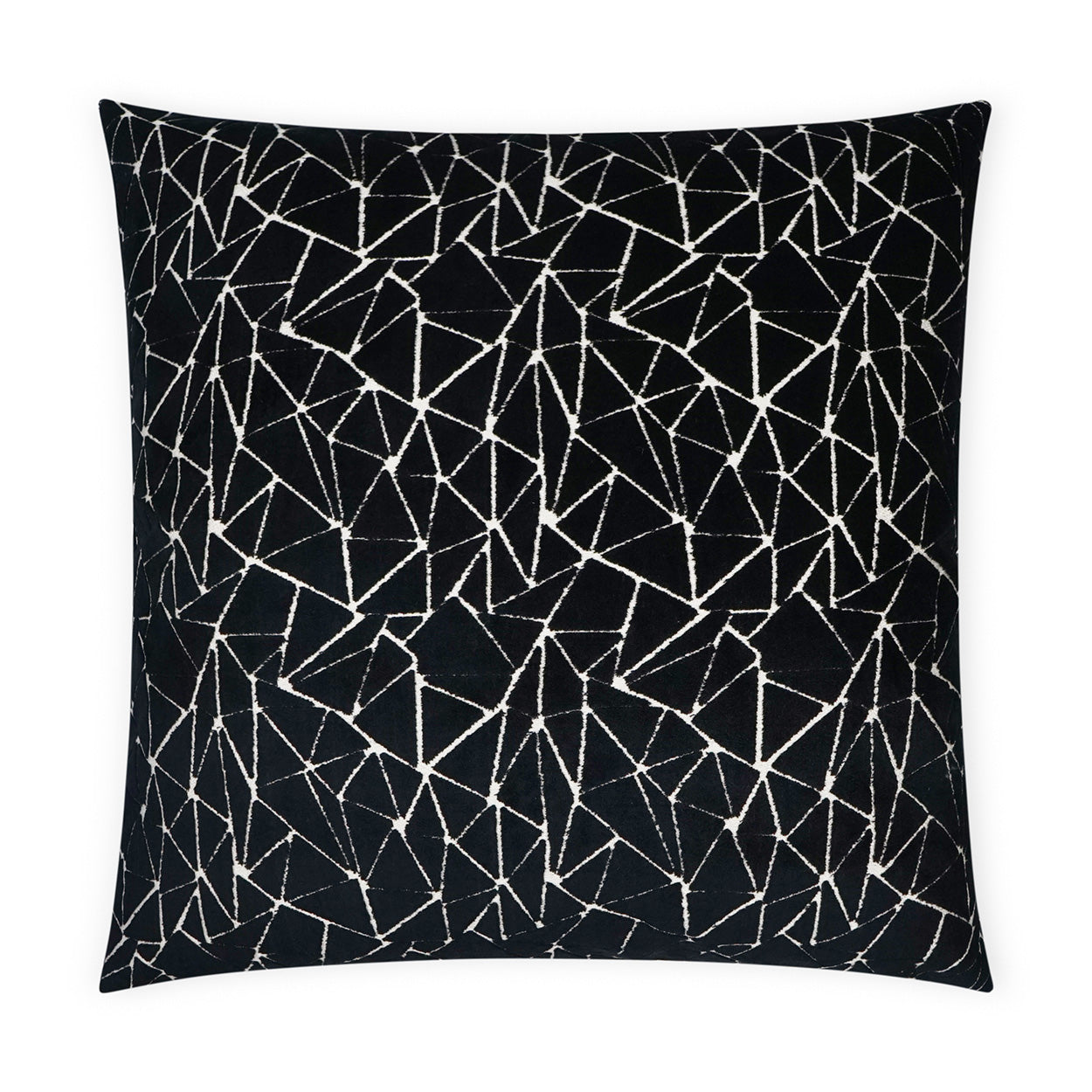Black square decorative pillow with a white geometric triangle network pattern on velvet-like fabric.