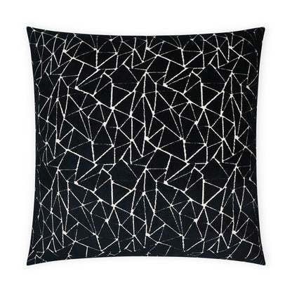 Black square decorative pillow with a white geometric triangle network pattern on velvet-like fabric.