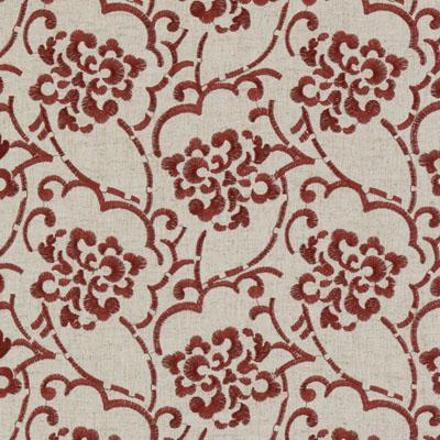 Beige fabric with repeating burgundy damask floral pattern; ornate scroll motifs for upholstery or drapery.