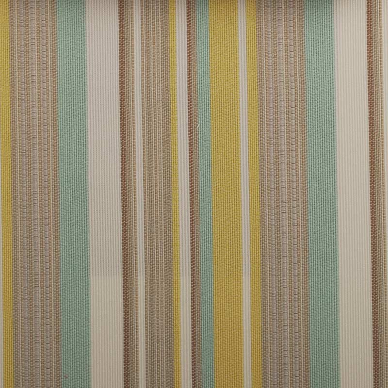 Woven striped upholstery fabric with vertical mint, teal, beige, white, brown and yellow stripes.