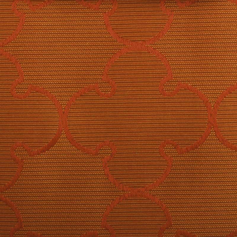 Burnt orange jacquard fabric with a repeating interlocking circular motif in a darker shade.