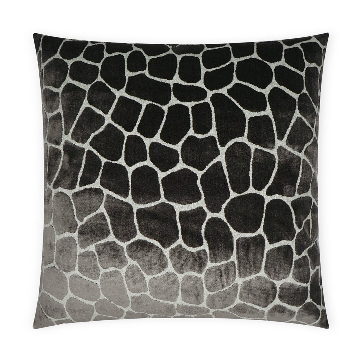 Square throw pillow in grayscale giraffe-stone pattern, black-to-gray gradient, soft velvety fabric, decorative home accent.