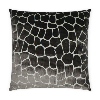 Square throw pillow in grayscale giraffe-stone pattern, black-to-gray gradient, soft velvety fabric, decorative home accent.
