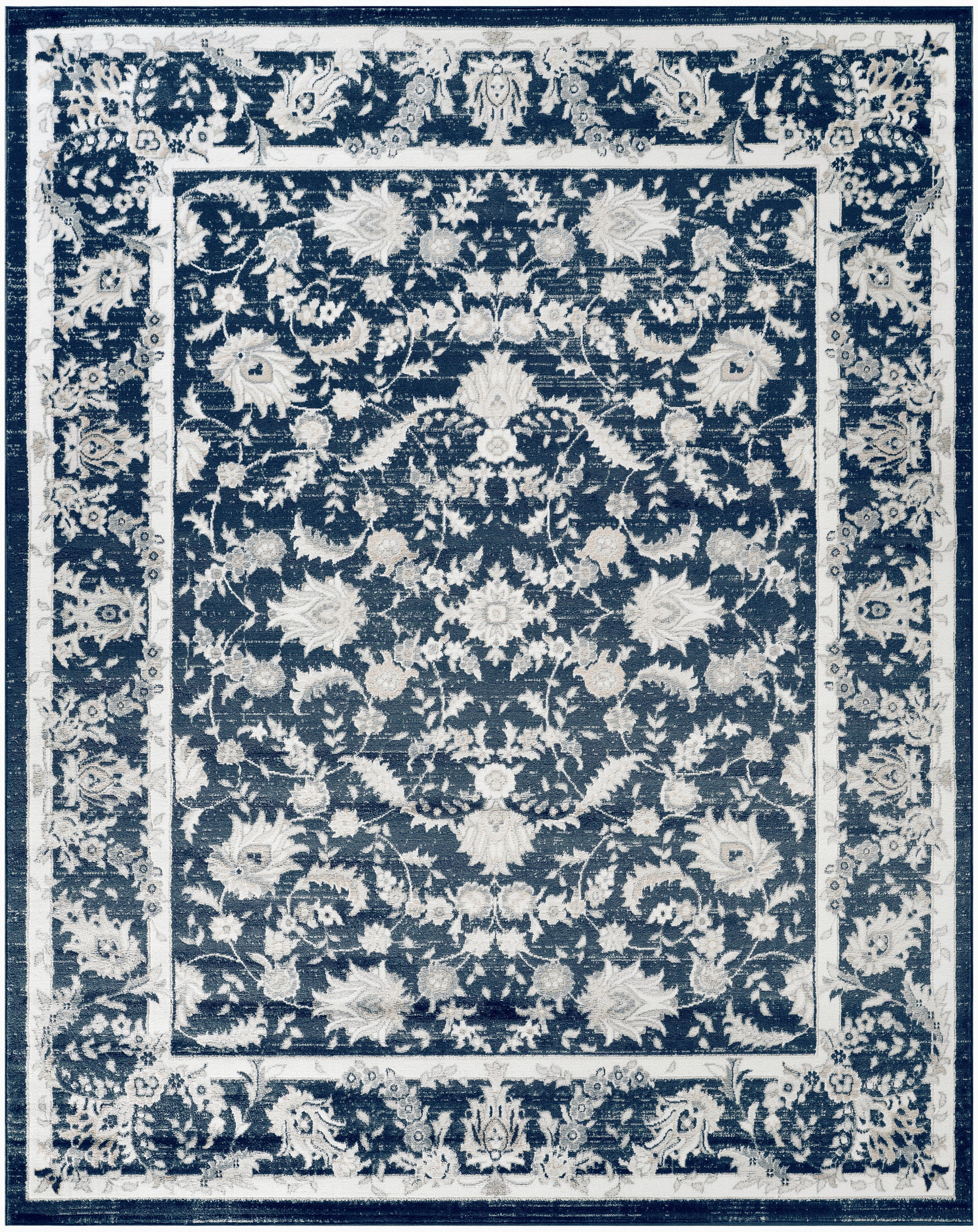 Blue and ivory oriental-style rug with dense floral motif and decorative borders; rectangular area rug for living spaces.