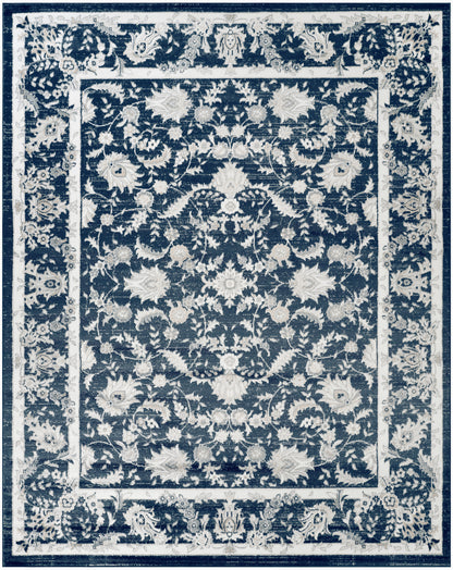 Blue and ivory oriental-style rug with dense floral motif and decorative borders; rectangular area rug for living spaces.