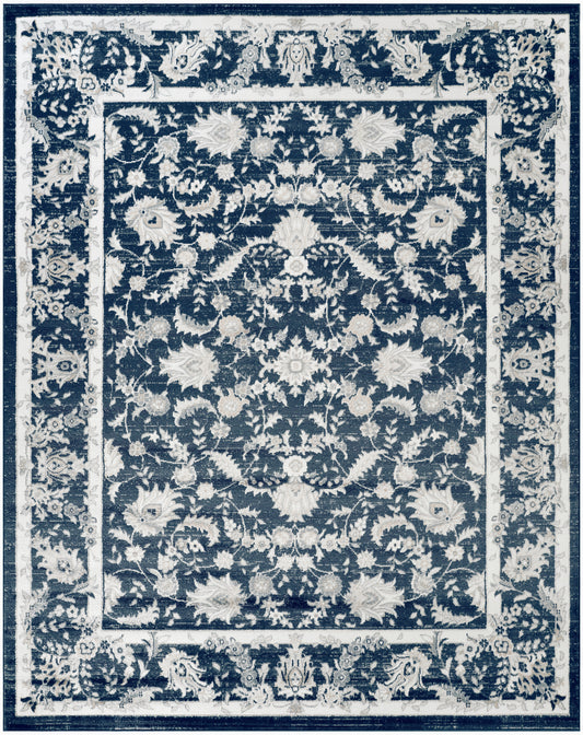 Blue and ivory oriental-style rug with dense floral motif and decorative borders; rectangular area rug for living spaces.