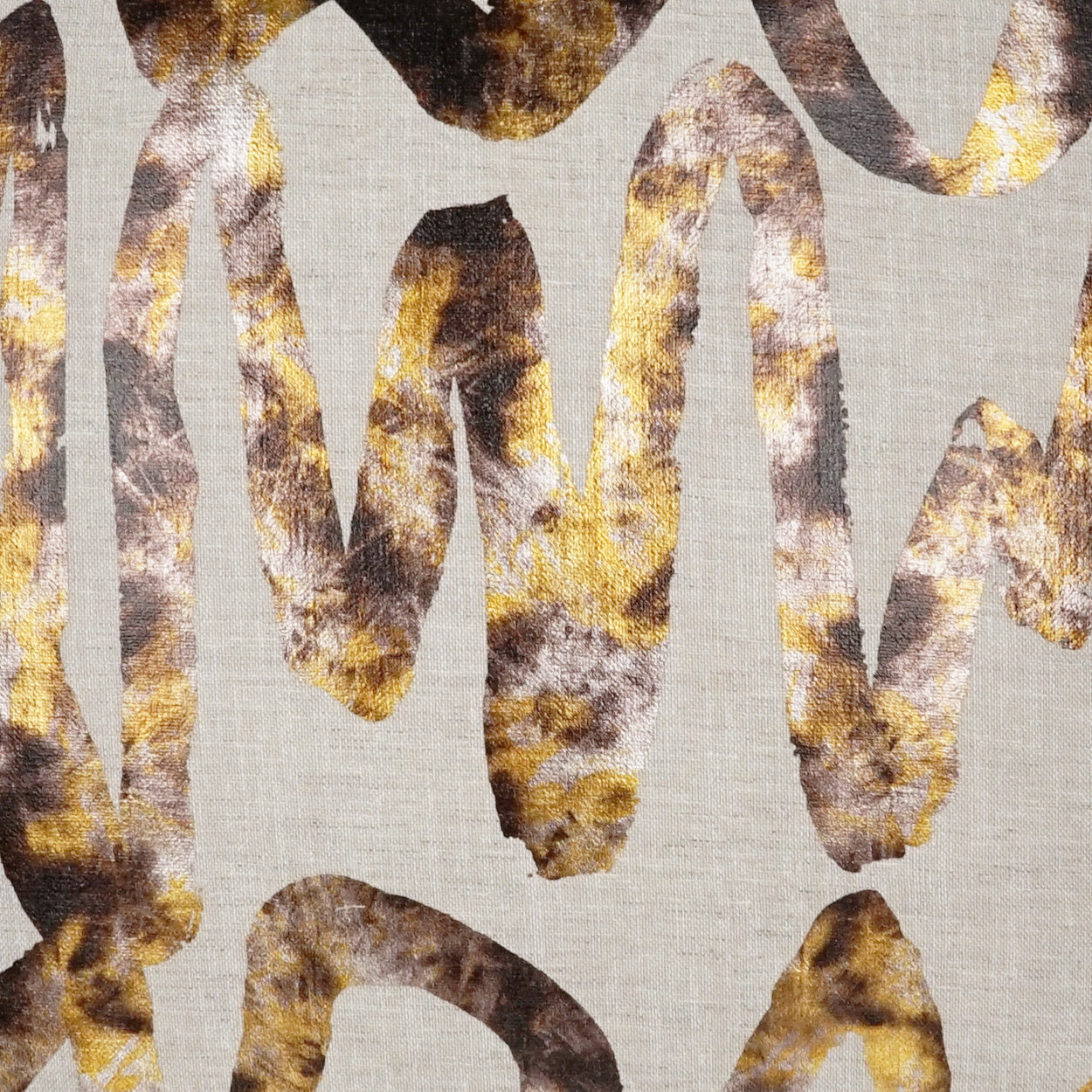 Beige linen-like fabric with abstract gold-brown and gray marbled loops.