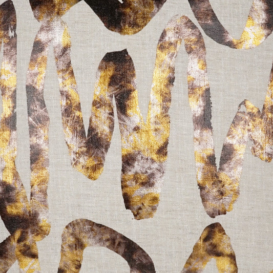 Beige linen-like fabric with abstract gold-brown and gray marbled loops.