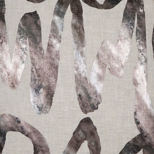 Beige linen fabric with dark gray-brown abstract brushstrokes for a modern, artsy textile.