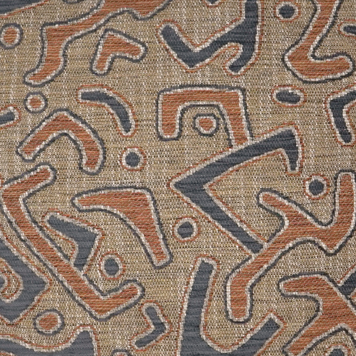 Woven beige fabric with abstract orange and navy blue shapes in a boho tribal pattern.