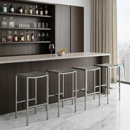 Set of Four 28" Brown And Silver Iron And Steel Backless Counter Height Bar Chairs