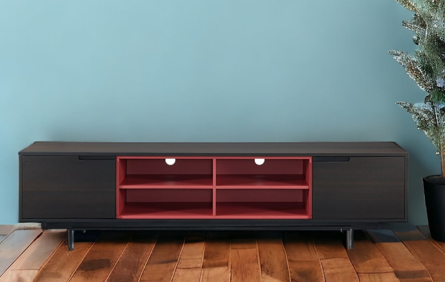 87" Red And Black Aluminum Cabinet Enclosed Storage TV Stand