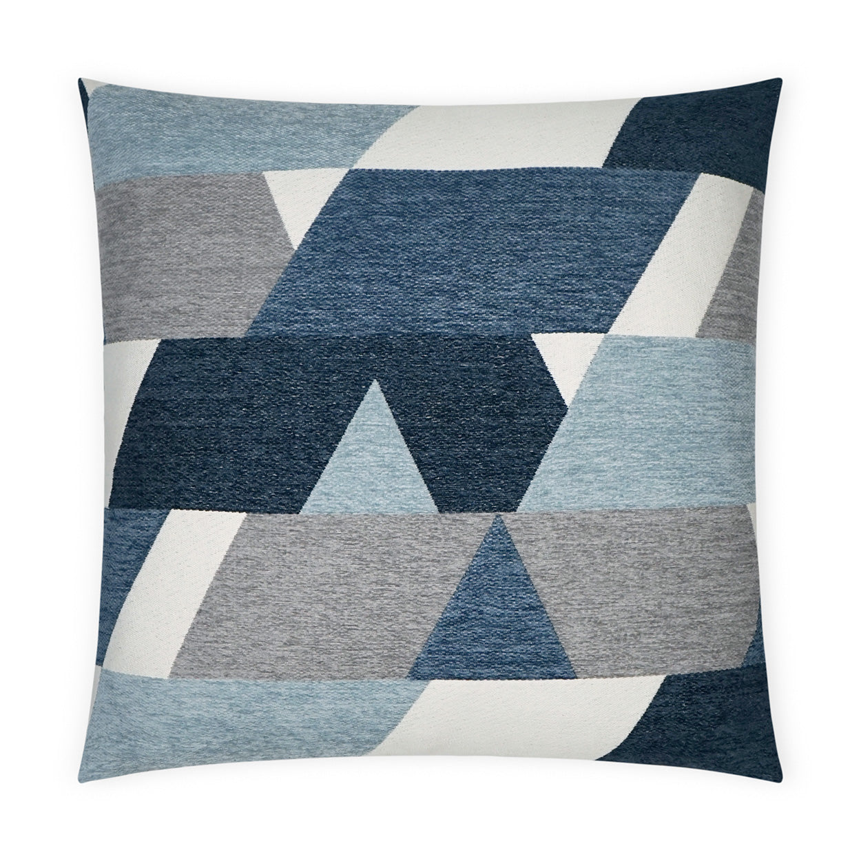 Blue and gray geometric pillow with triangles and trapezoids in varied blue tones.