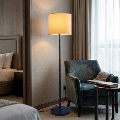 60" Black And White Floor Lamp With White Fabric Drum Shade
