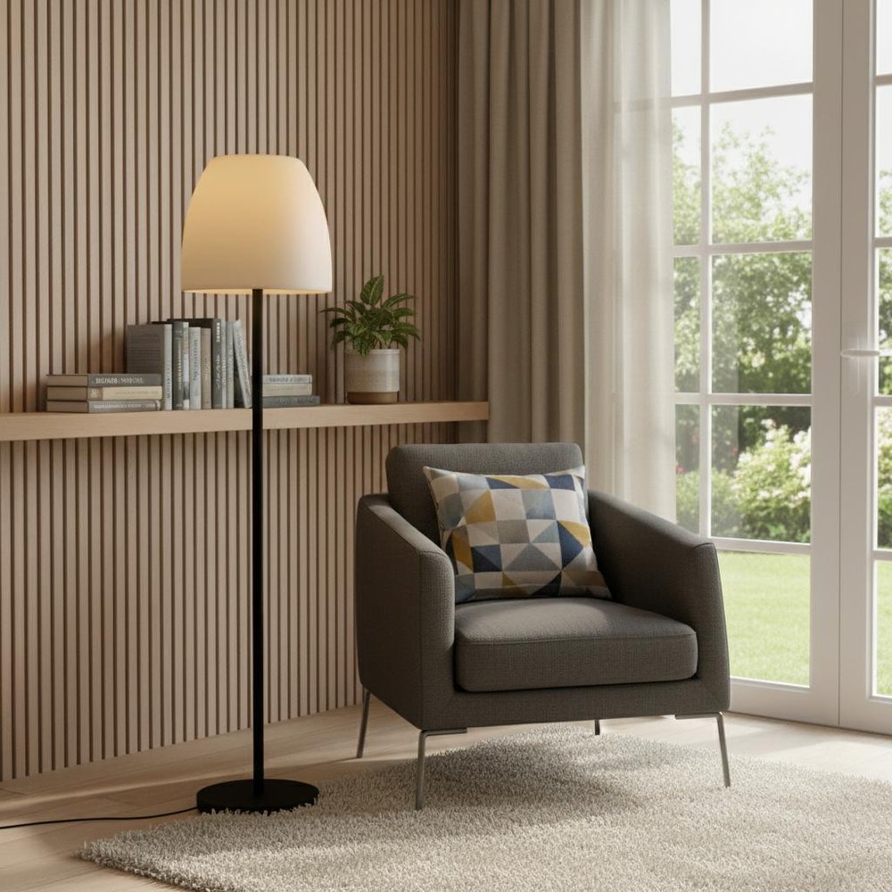 60" Black And White Metal Floor Lamp With White Bowl Shade