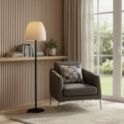 60" Black And White Metal Floor Lamp With White Bowl Shade