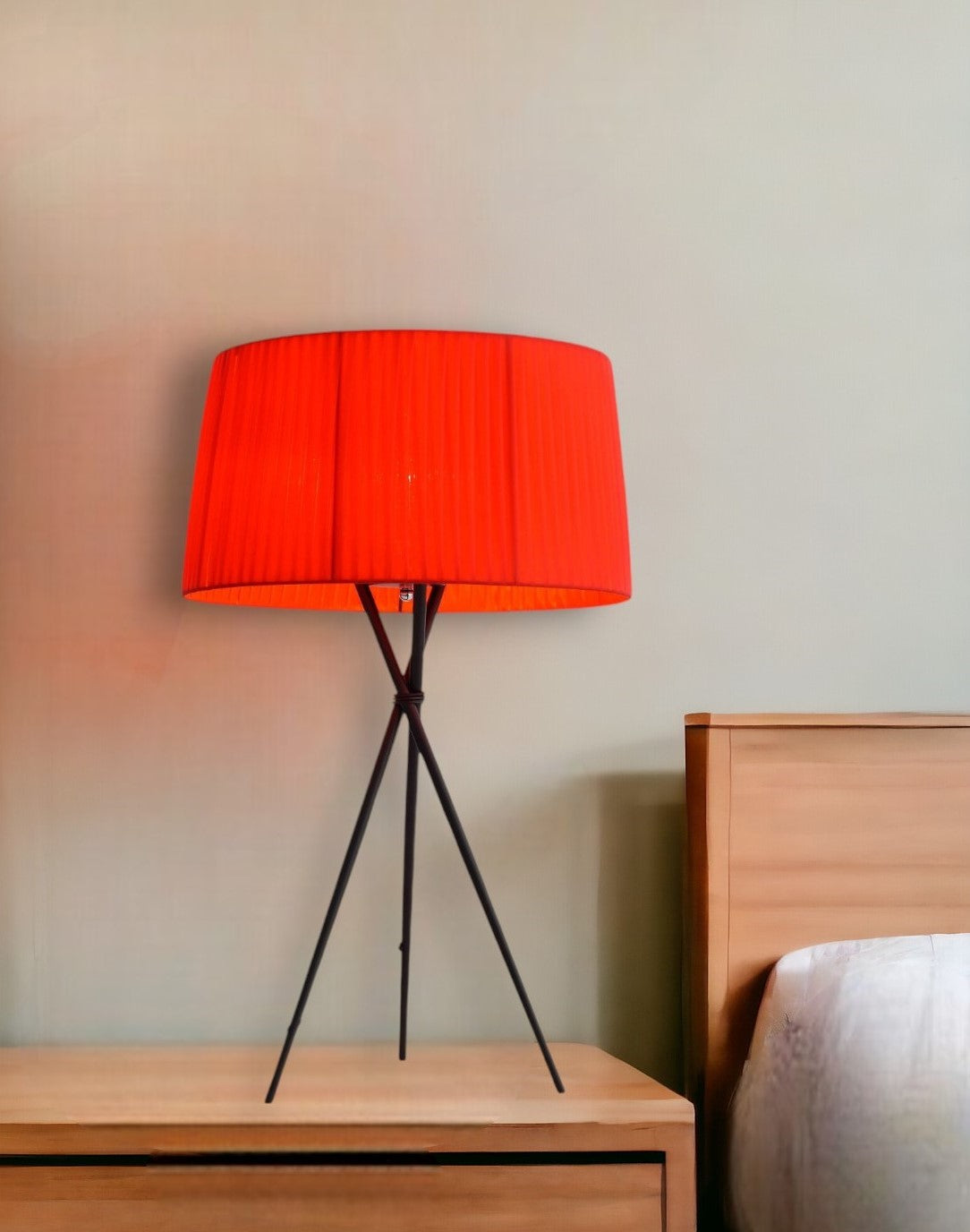 30" Black Metal Tripod Table Lamp With Red Empire Shade