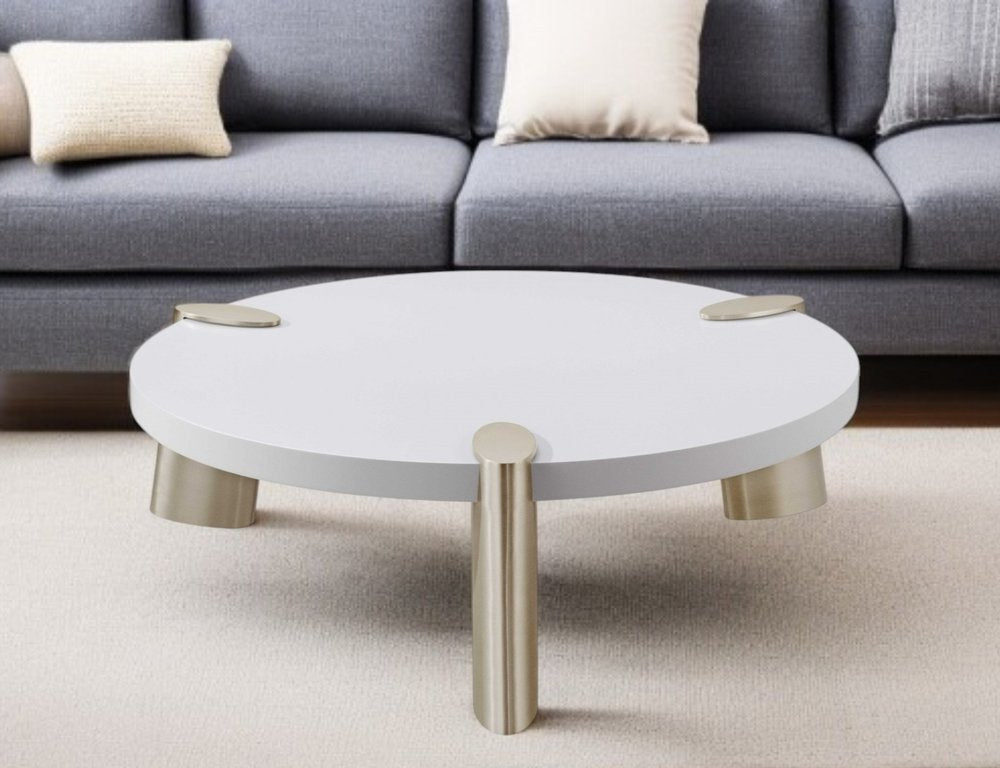 40" White And Gold Stainless Steel Round Coffee Table