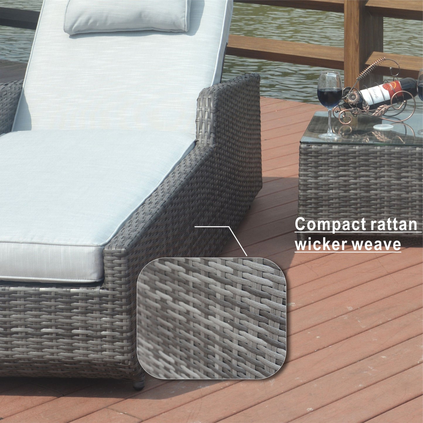 78" Set of Two Brown Indoor Outdoor Chaise Lounge with Beige Cushion