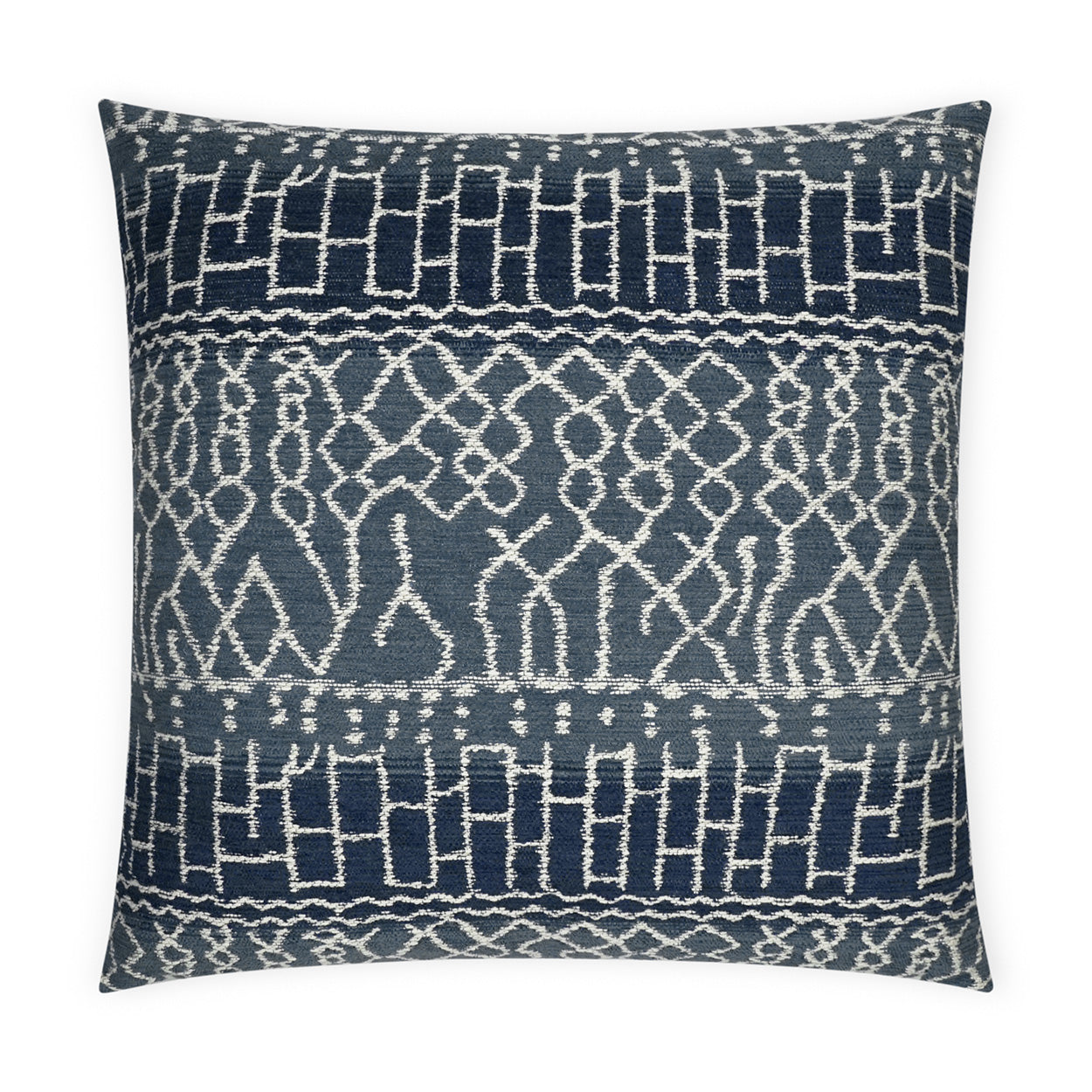 Navy blue square decorative pillow with white geometric woven pattern and textured fabric.