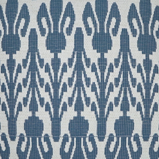 Indigo blue woven fabric with a repeating floral trellis pattern on an off-white background.