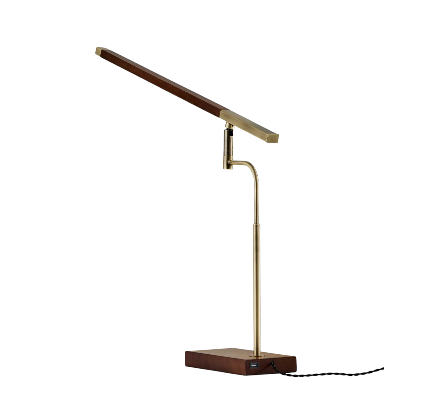 Walnut Wood Finish And Antique Brass Metal Adjustable Led Desk Lamp With Usb Port