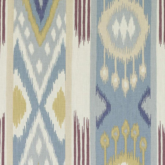 Woven ikat textile with blue and cream chevrons and circular medallions in mustard; vertical panels; rug/throw fabric.
