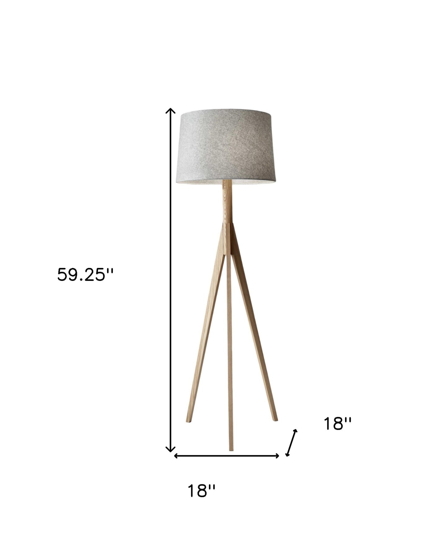 59" Natural Solid Wood Tripod Floor Lamp With Gray Fabric Empire Shade
