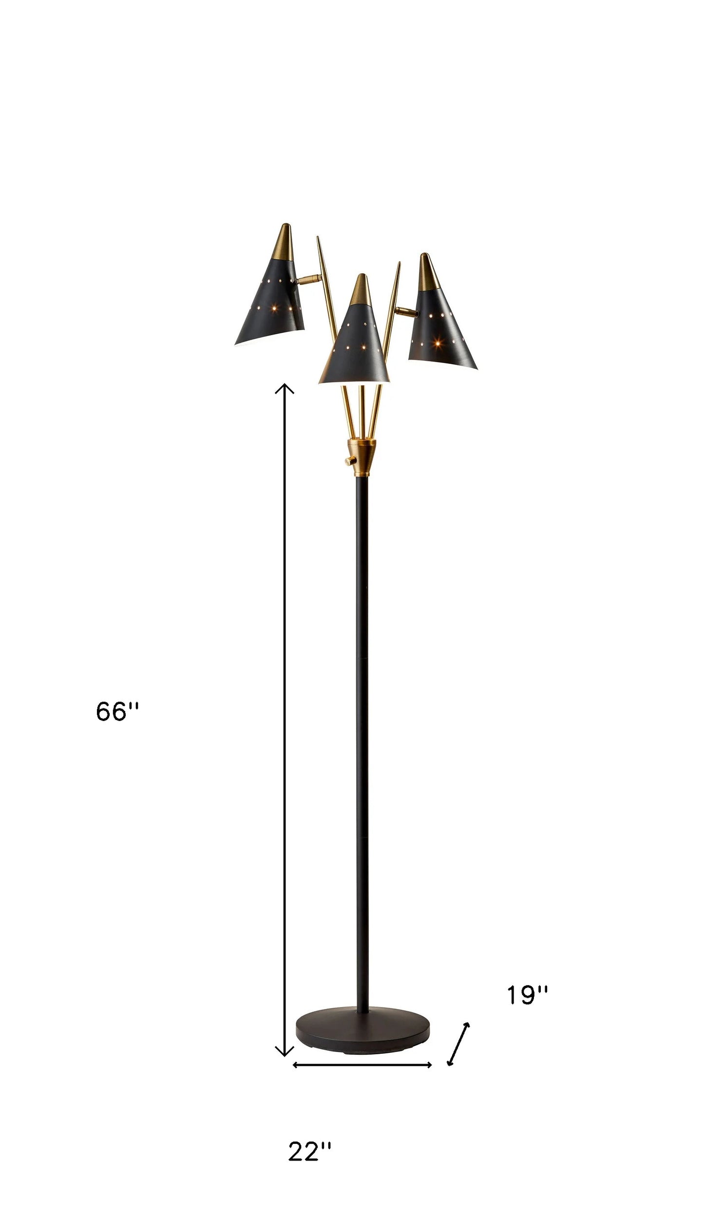 66" Black Three Light Novelty Floor Lamp With Black Cone Shade