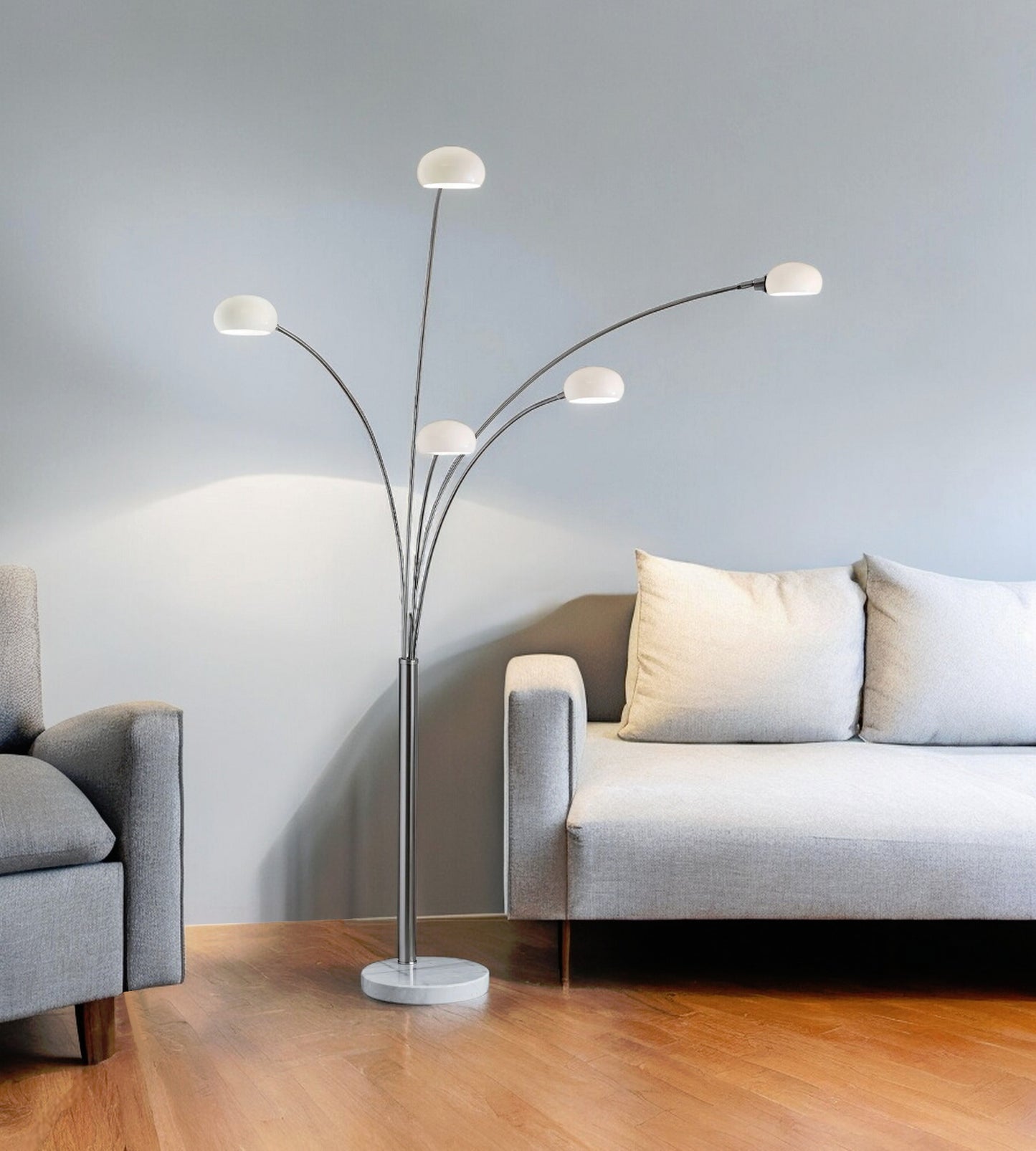 86" Steel Five Light Tree Floor Lamp With White Glass Dome Shade