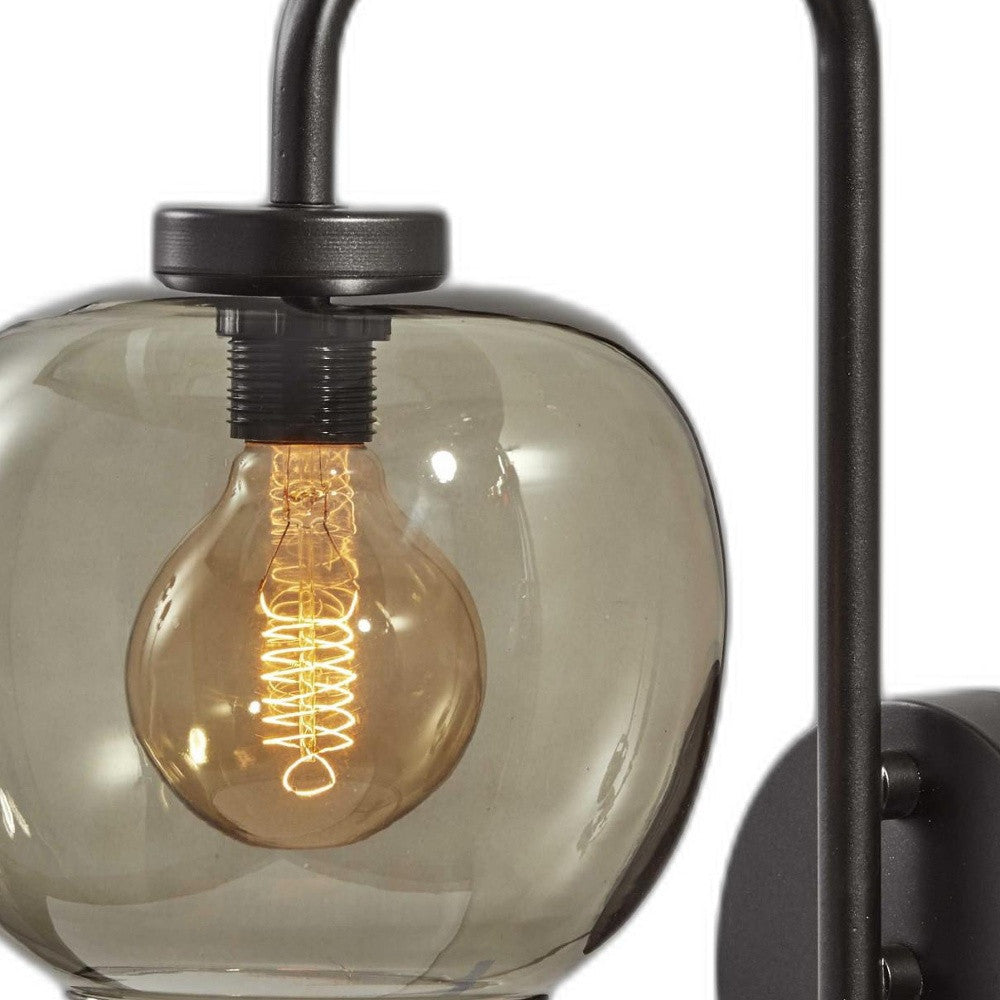 Smoked Glass Globe Shade With Vintage Edison Bulb And Matte Black Metal Wall Lamp