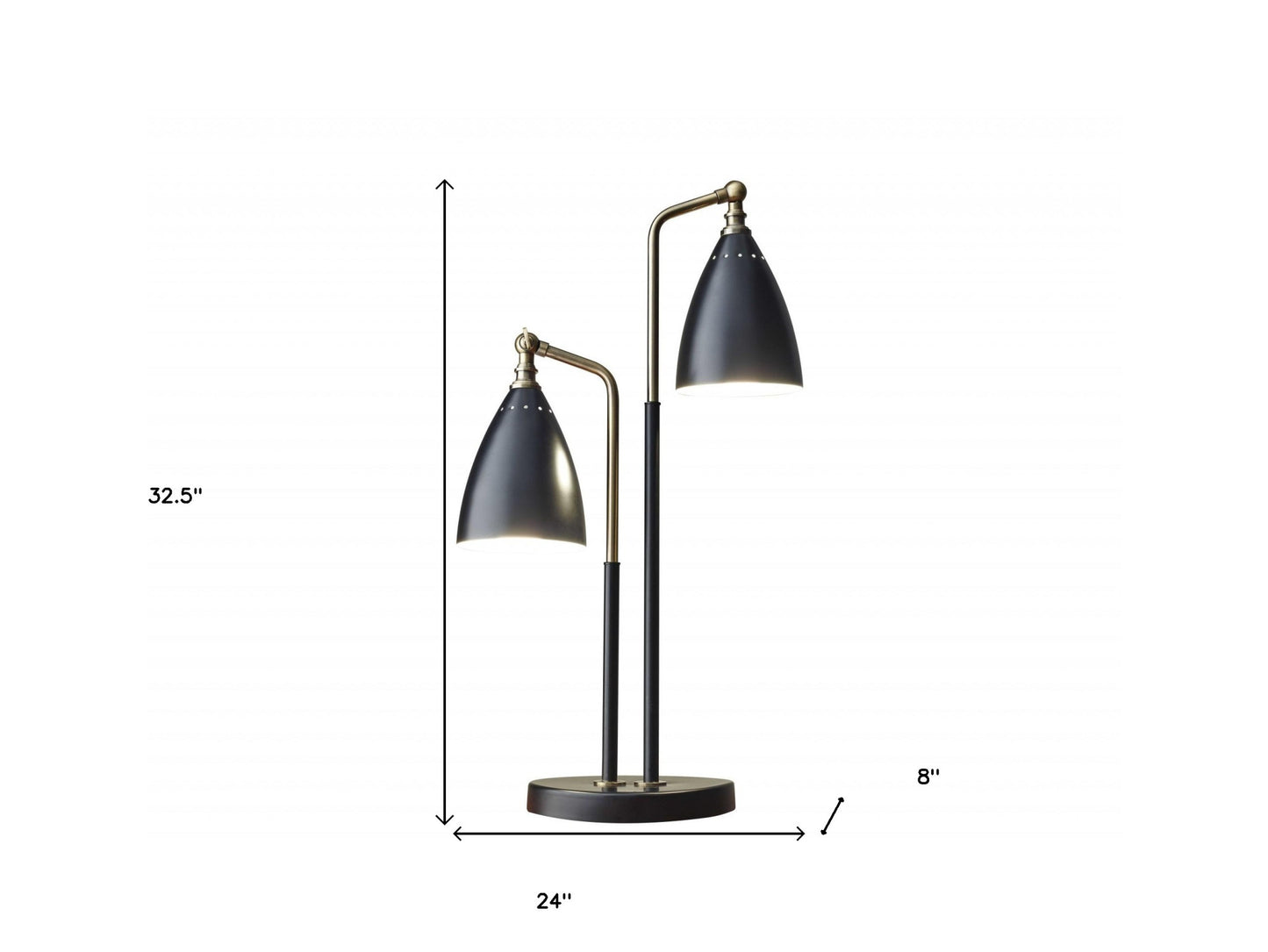 Matte Black Metal And Antique Brass Two Light Adjustable Table Lamp
