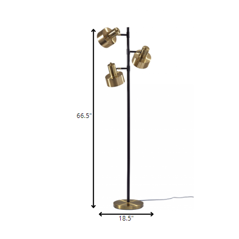 67" Brass Three Light Tree Floor Lamp With Gold Solid Color Bell Shade